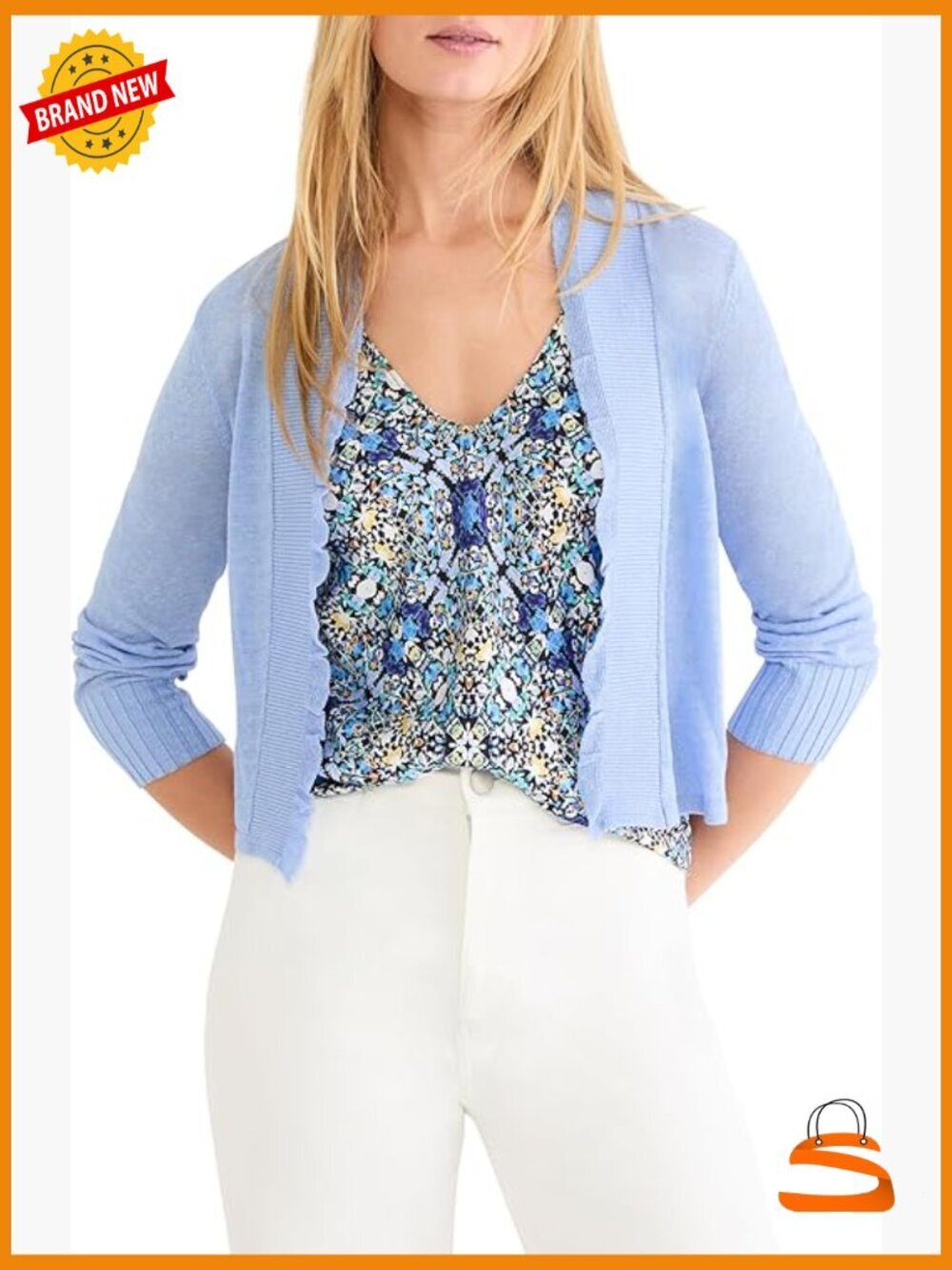 Linen Blend Ruffle Edge Cardigan Short Sleeve Lightweight